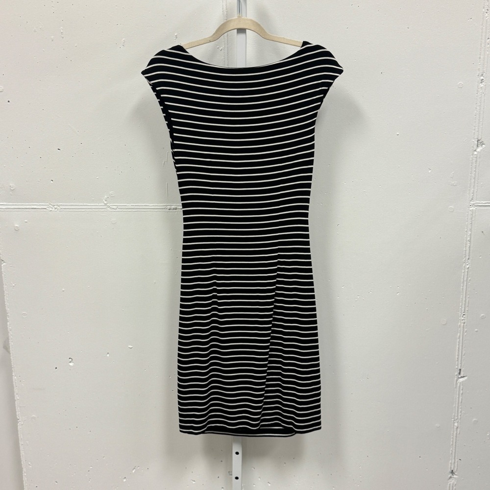 NWT Loft Black White Striped Ruched Sheath Knee Length Dress Cap Sleeve XS Soft - Picture 2 of 8